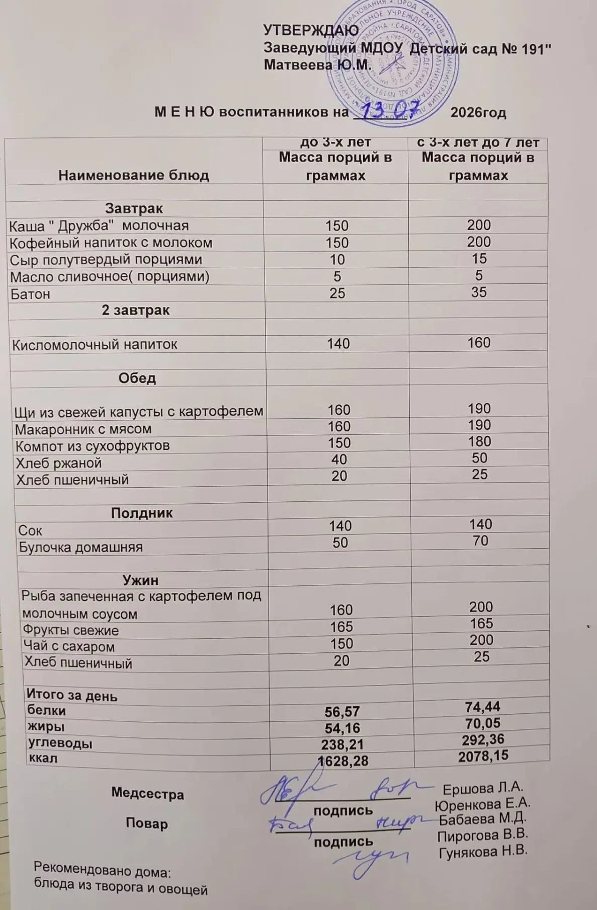 Меню на 13.07.2026 г.