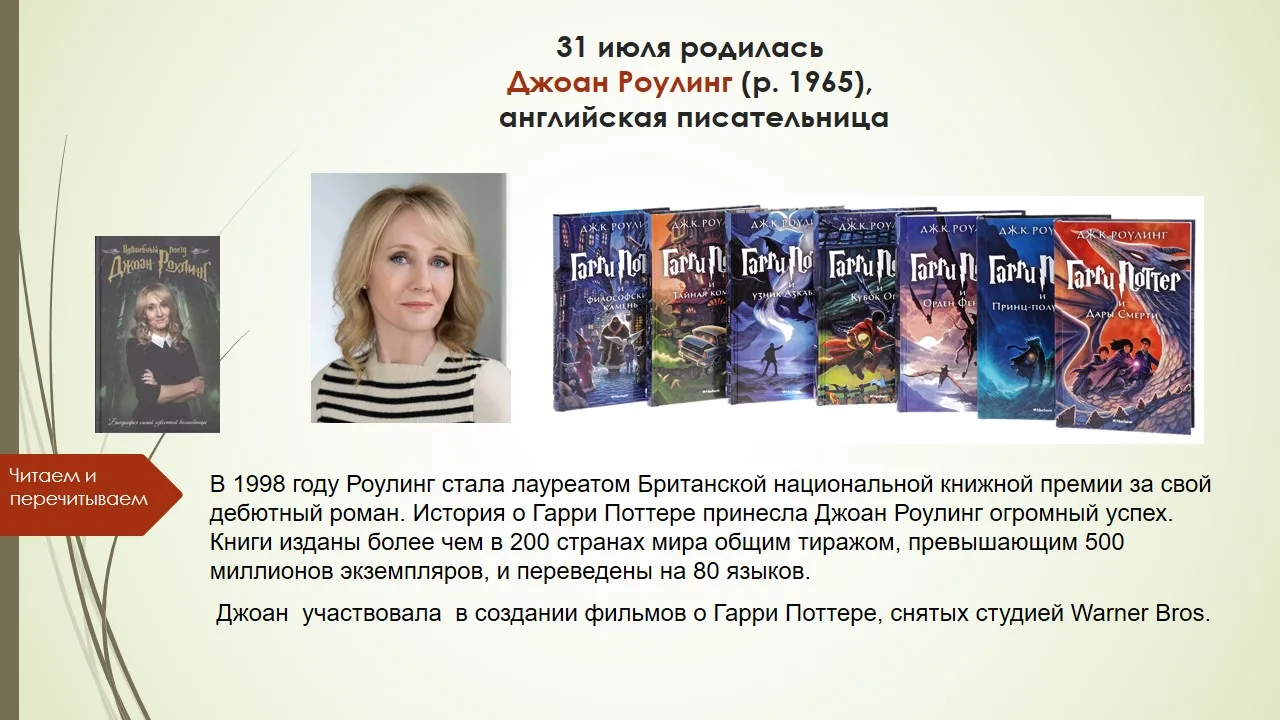 Из цикла «Читаем и перечитываем» в день рождения Джоан Роулинг  знакомим с её творчеством.

 Наиболе