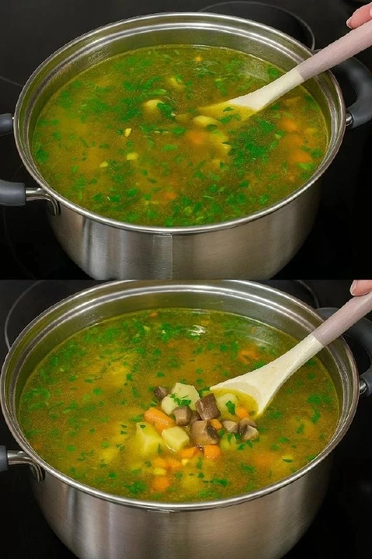 ГРИБНОЙ СУПЧИК 🍄  ИНГРЕДИЕНТЫ: ✅ Куриный бульон — 2,5 л ✅ Куриное бедро — 1 шт (или 2 голени) ✅ Лук 