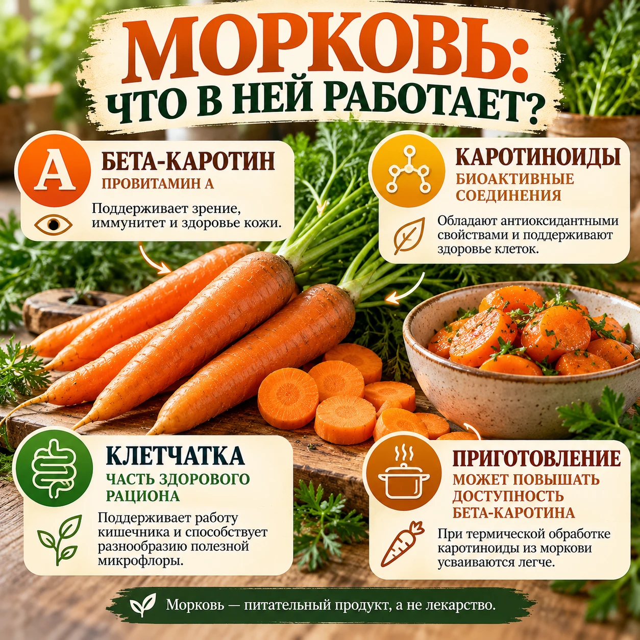 🥕Морковь едят все — но мало кто знает, что именно в ней работает.