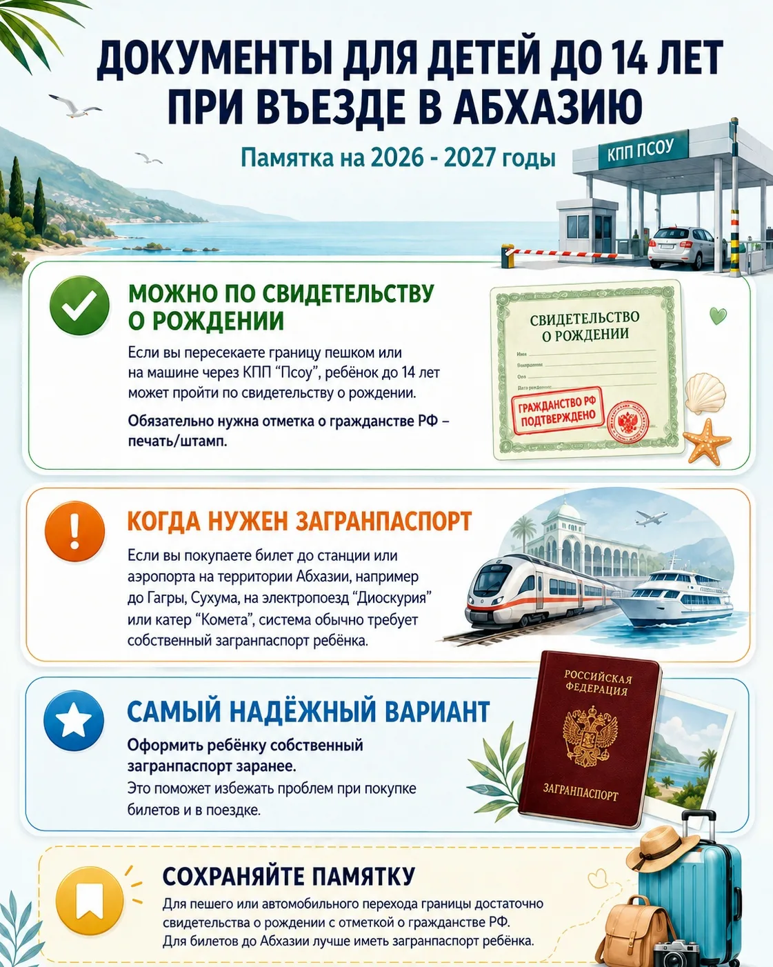 ПАМЯТКА ПО ДОКУМЕНТАМ ДЛЯ ДЕТЕЙ ДО 14 ЛЕТ ПРИ ВЪЕЗДЕ В АБХАЗИЮ ✅
 
С 20 января 2026 года в России из
