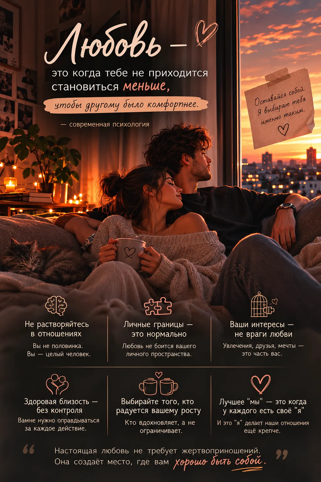 ✨ «Любовь — это когда тебе не приходится становиться меньше, чтобы другому было комфортнее.»
— совре
