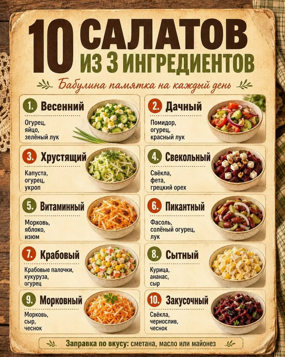 10 салатов из 3 ингредиентов. Сохраняйте бабулину памятку!