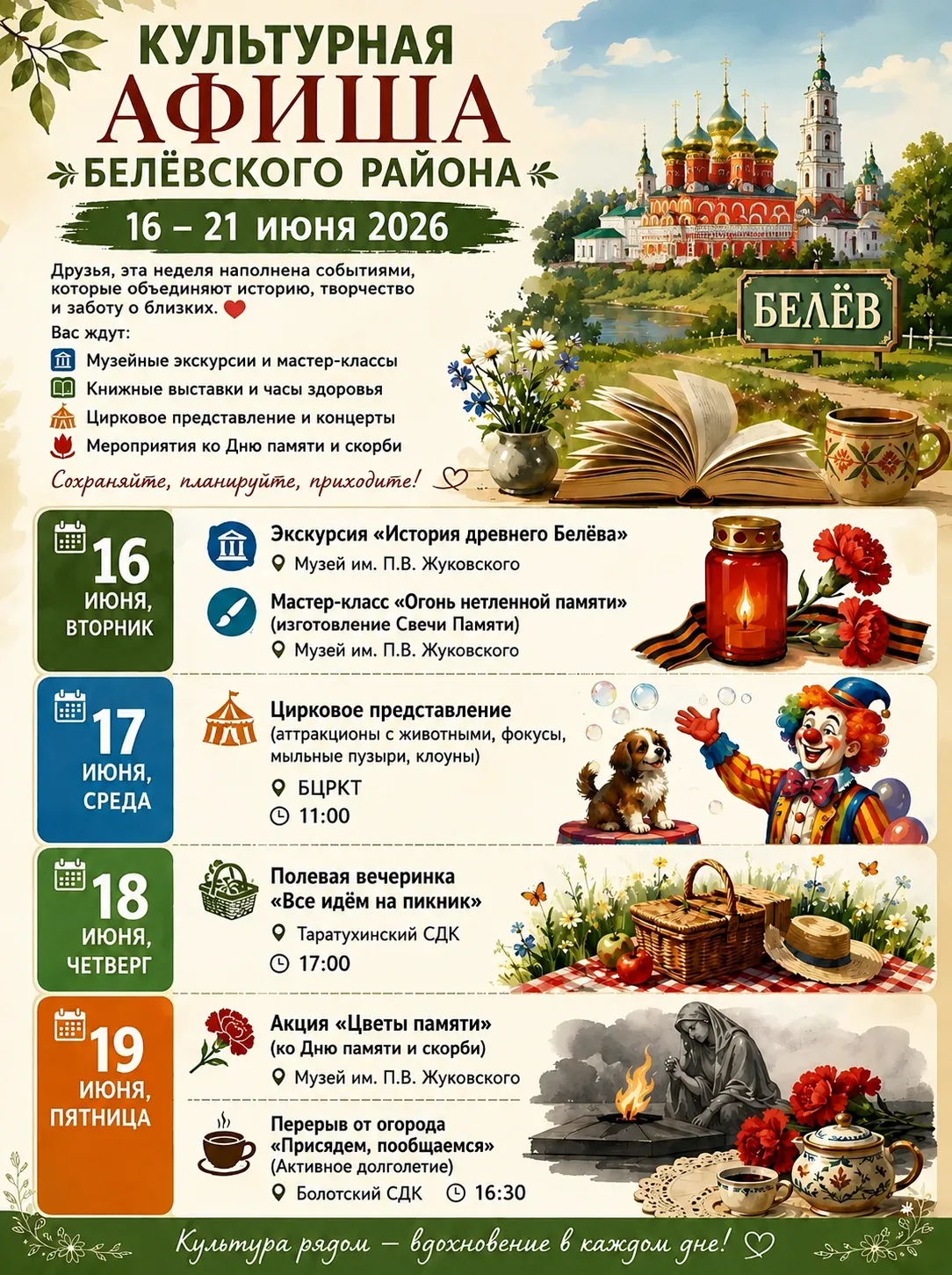 🎭 КУЛЬТУРНАЯ АФИША БЕЛЁВСКОГО РАЙОНА
🗓 15 – 21 ИЮНЯ 2026
Друзья, эта неделя наполнена событиями, к