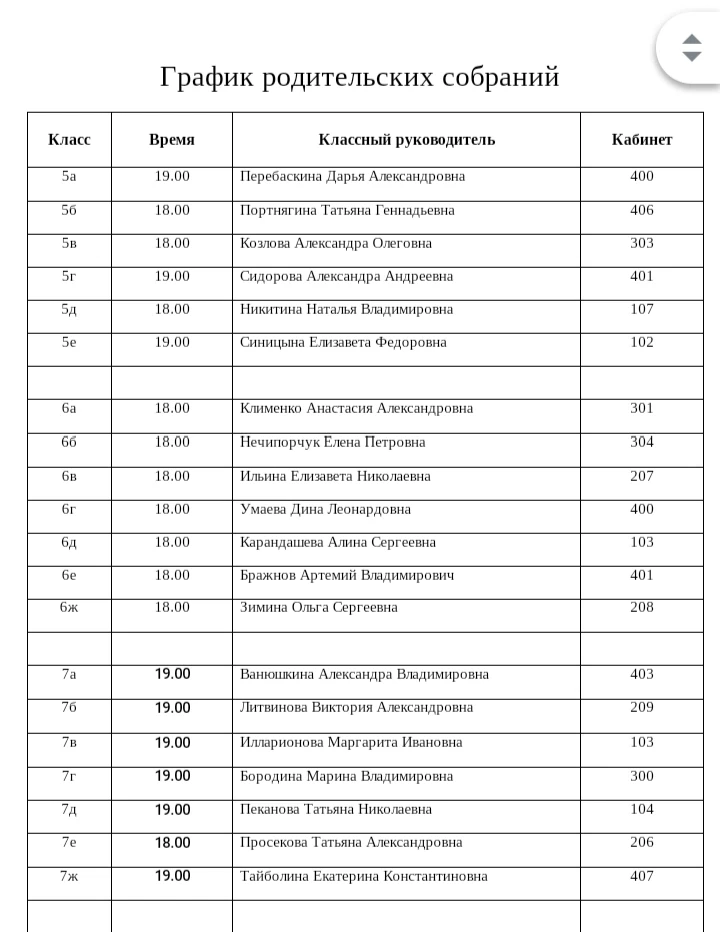 График проведения родительских собраний в 5-11 классах 3 сентября.