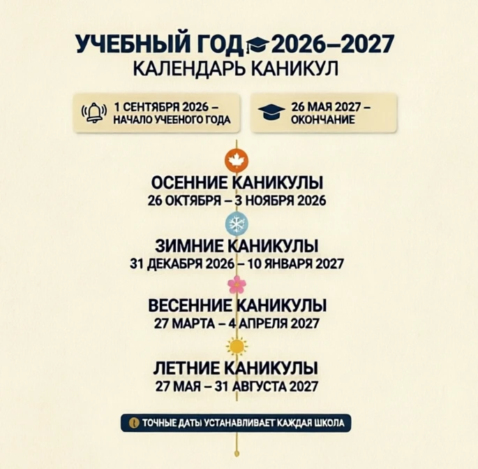 📅 Учебный год 2026–2027: Минпросвещения опубликовало точный календарь каникул