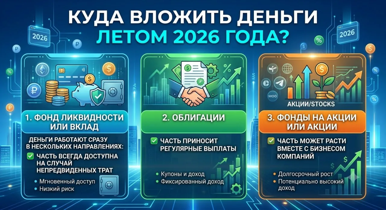 Простая стратегия распределения денег на лето 2026

Один из вариантов:
▪️фонд ликвидности или вклад 