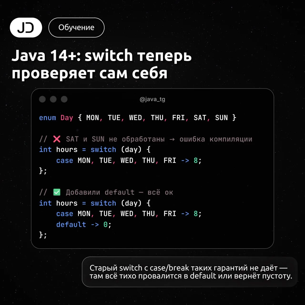 Java 14+: switch теперь проверяет сам себя

Новый switch — exhaustive по умолчанию. Пропустил значен