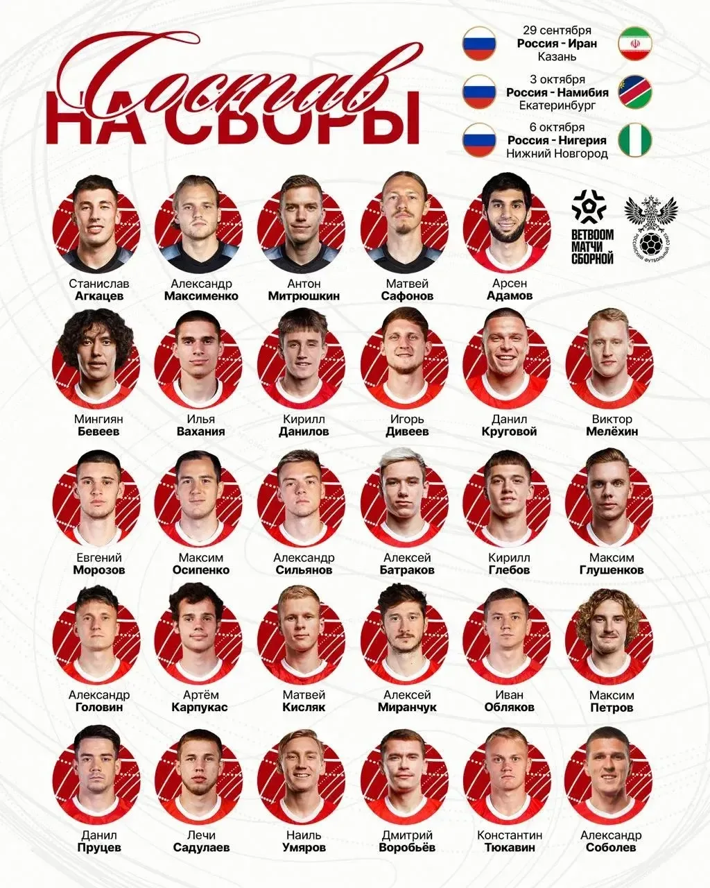 ❗️ Состав сборной России на матчи с Ираном, Намибией и Нигерией