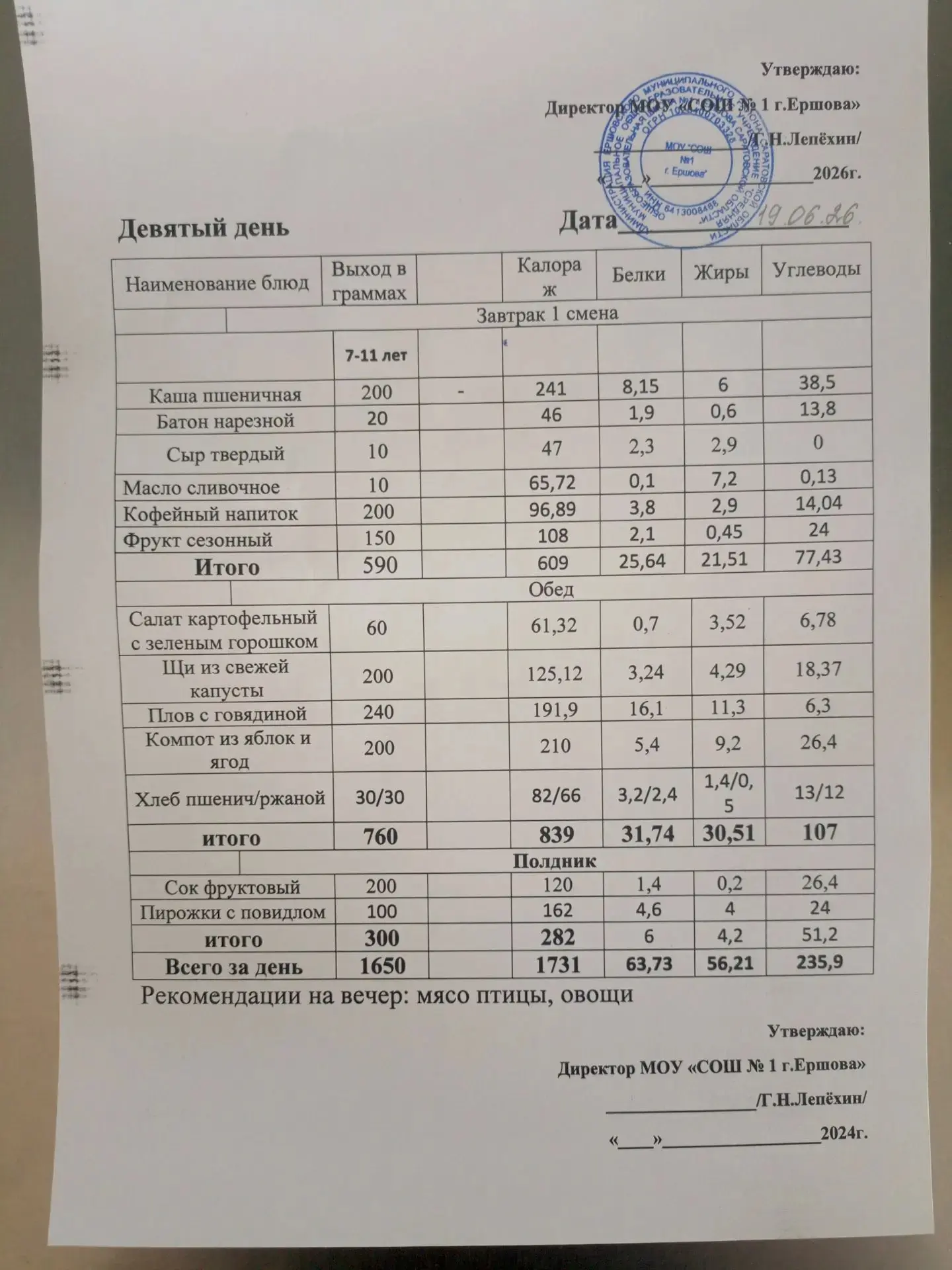 Меню школьной столовой в ЛОЛ на 19.06.2026
Обед
Салат картофельный с зелёным горошком
Щи из свежей к