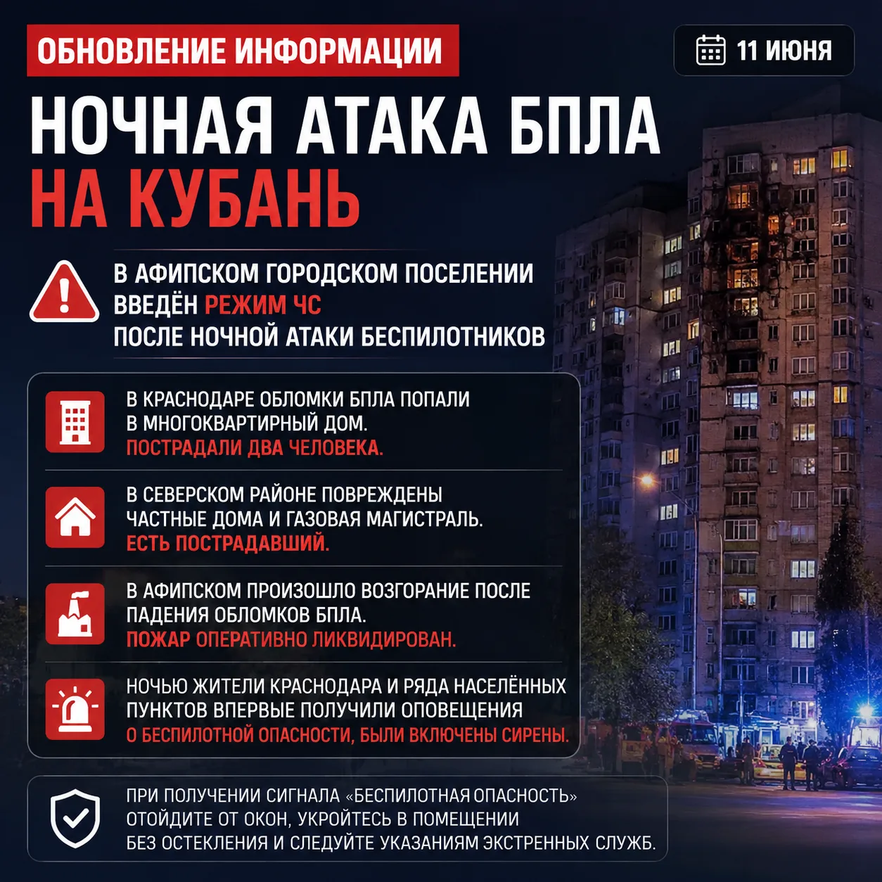 Обновление по ночной атаке БПЛА на Кубань
Стало известно, что в Афипском городском поселении введён 