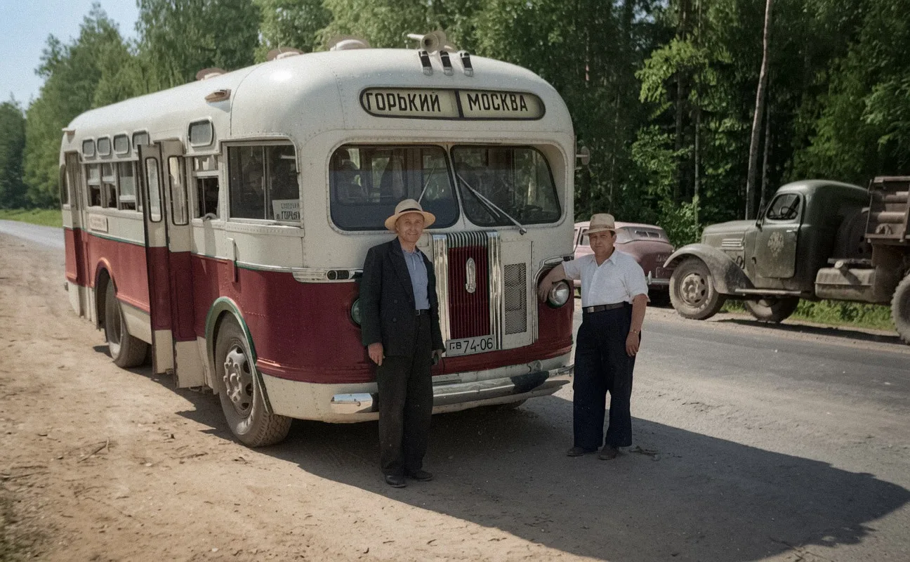Рейсовый автобус ЗиС-154 Горький – Москва на остановке в Вязниках. Владимирская область, 1960-1962 г