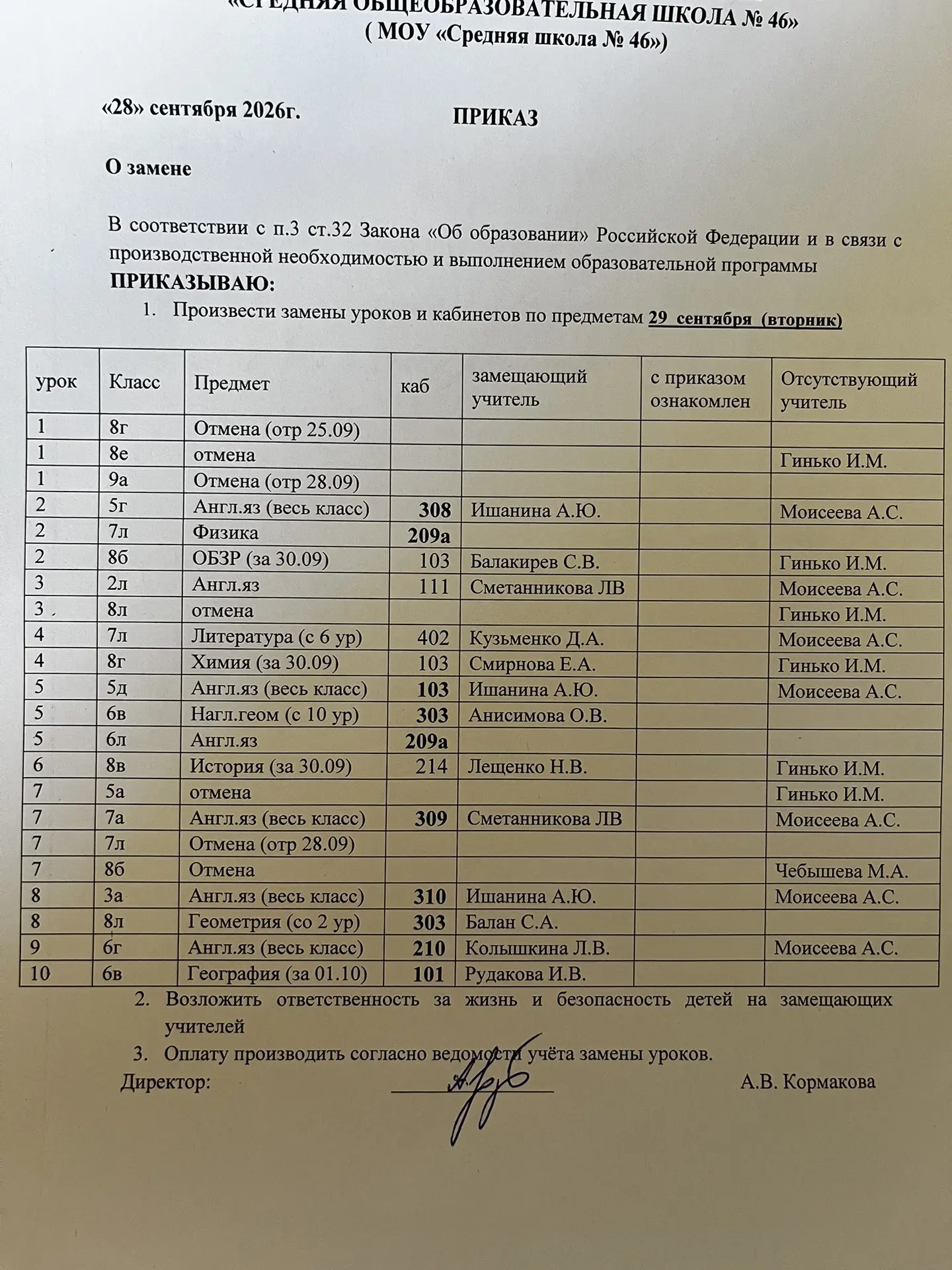 Замены на 29 сентября