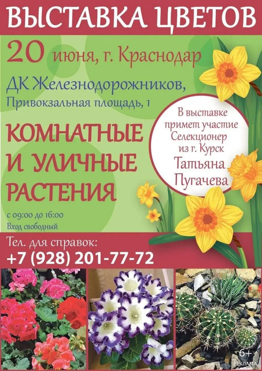Выставка комнатных и уличных растений

📅 20 июня, с 9:00 до 16:00

📍 ДК ЖД, ул. Привокзальная Площ