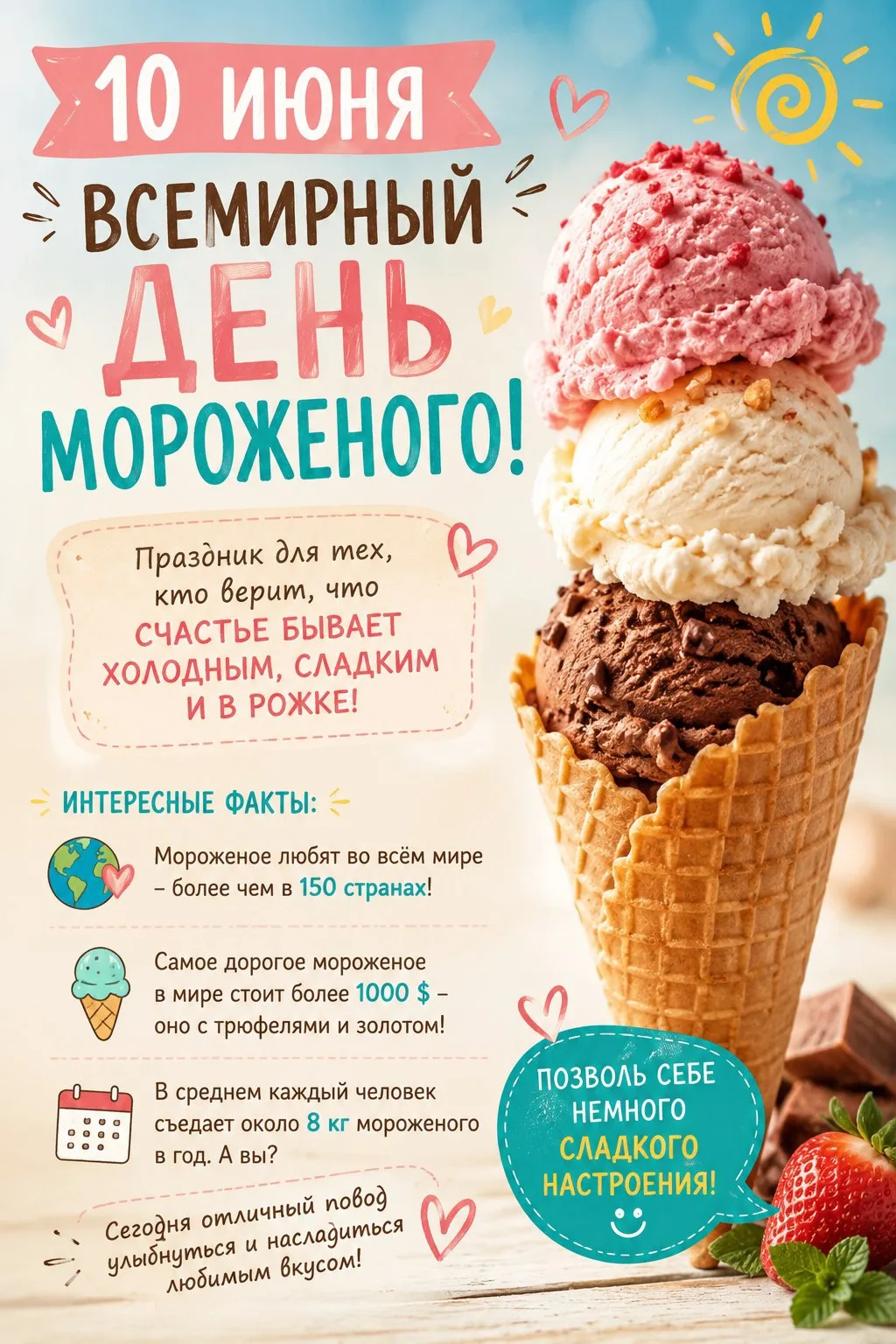 Всемирный день мороженого отмечается каждый год 10 июня. Эта дата выбрана не случайно: ...