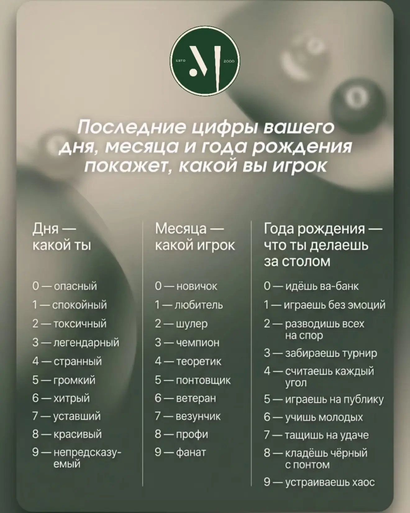 🎱 Узнайте, кто ты в бильярдном мире по дате рождения 👀