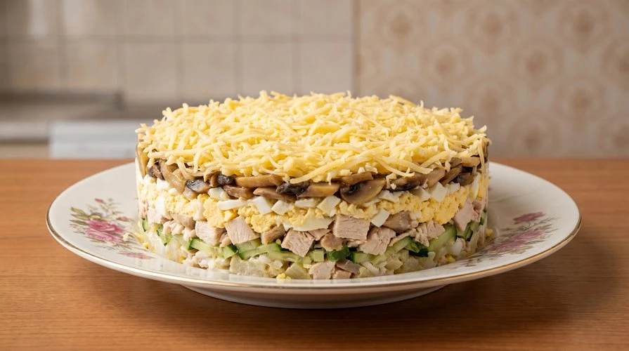Нежный слоёный салат с курицей, грибами и огурцами
Сытный, слоёный салат с курицей, жареными шампинь
