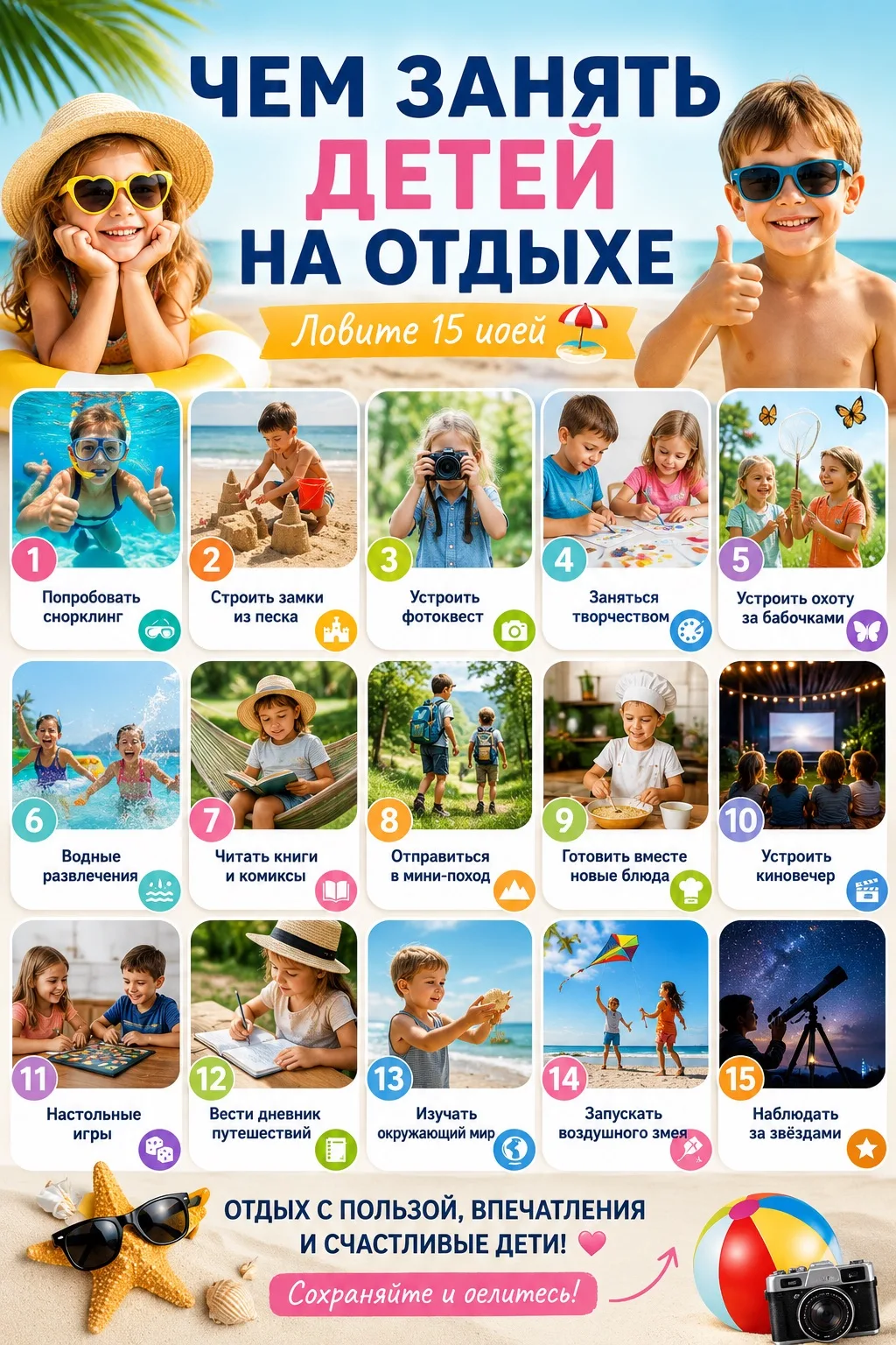 15 идей, чем занять детей на отдыхе 🏖️

Отпуск с детьми — это круто. Но иногда хочется 5 минут тиши