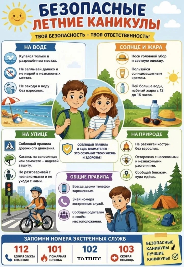 ❗️Памятка БЕЗОПАСНОСТИ для детей. Чтобы каникулы принесли только радость, напомните реб...