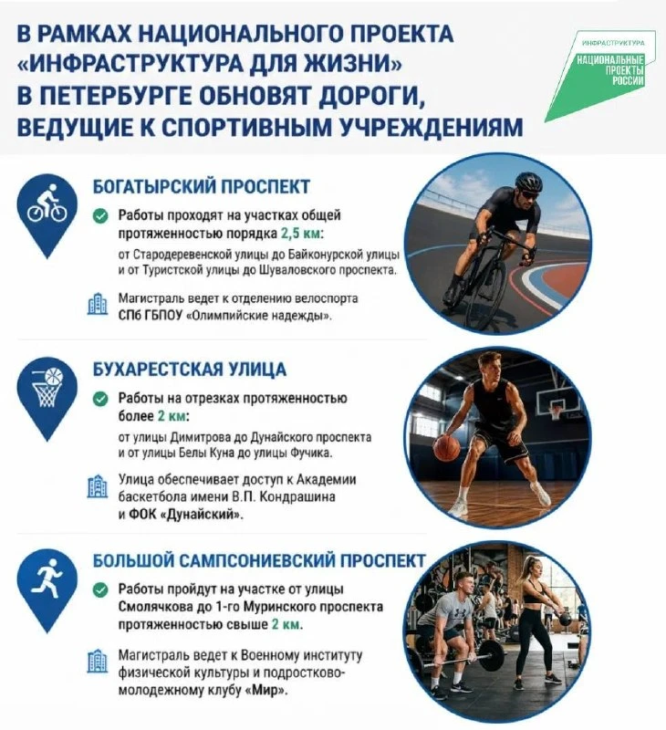 В рамках нацпроекта «Инфраструктура для жизни» в Петербурге обновят магистрали, ведущие к спортивным