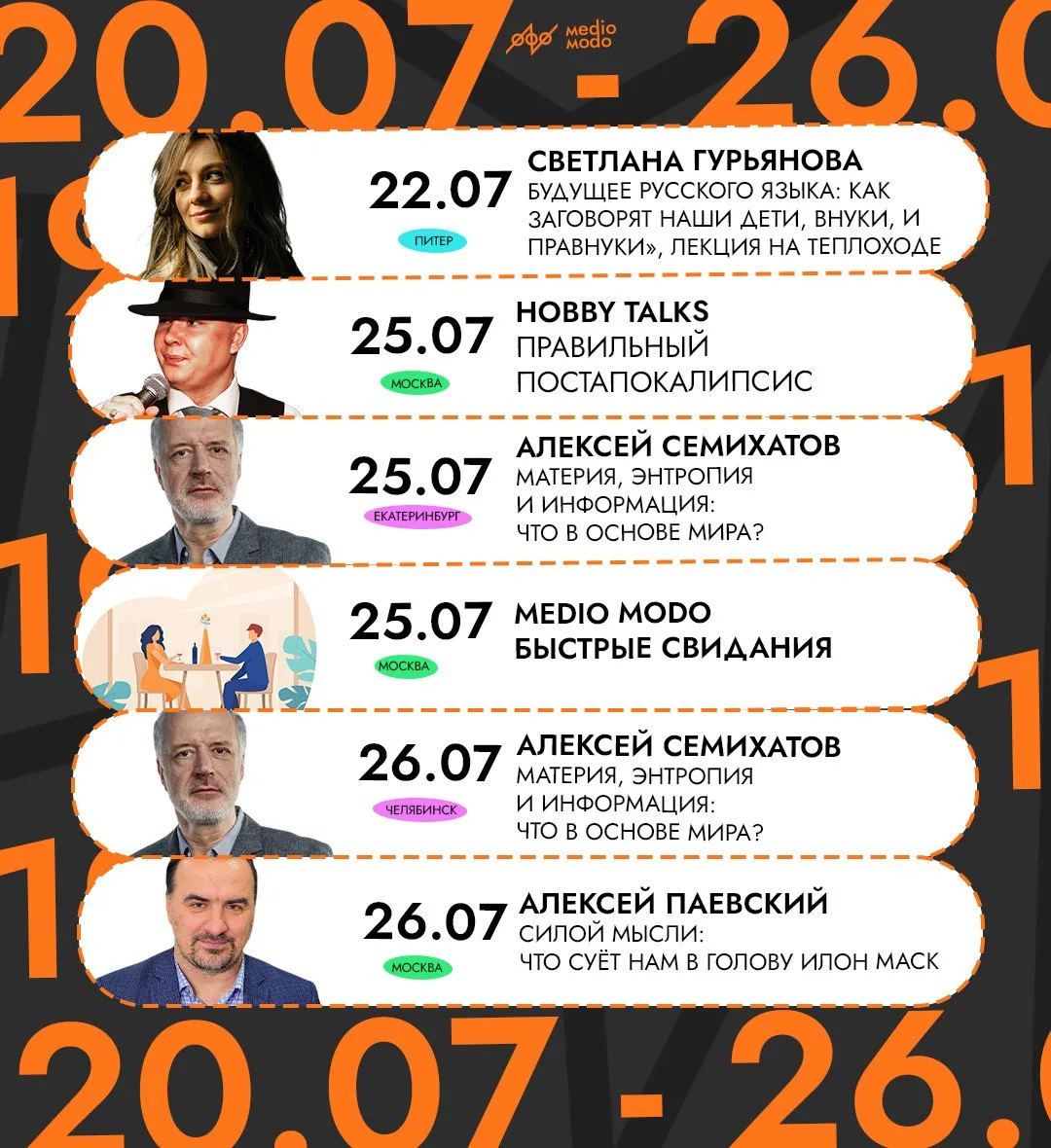 Расписание на неделю:

• 22 июля, 19:00, Петербург
Светлана Гурьянова﻿.
Будущее русского языка: ﻿как