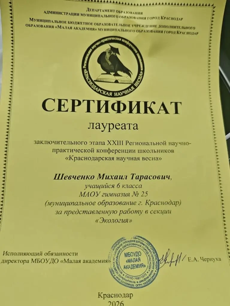 Учащийся 6 «А» класса, Шевченко Михаил, стал лауреатом заключительного этапа конкурса "Краснодарская