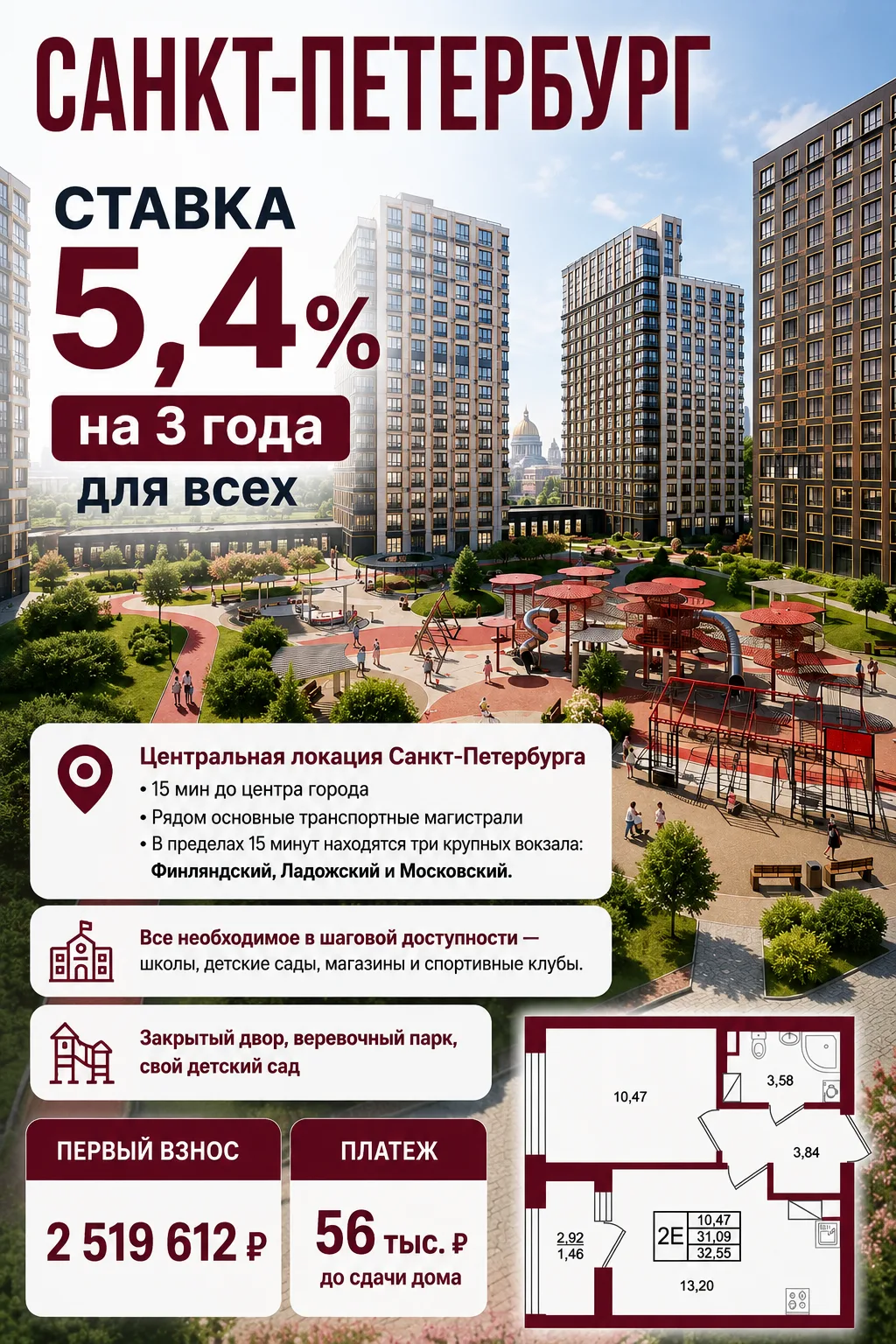 #Питер‼️  Ставка 5,4% для всех на 3 года

Подходит как для жизни в центральной локации, так и для сд