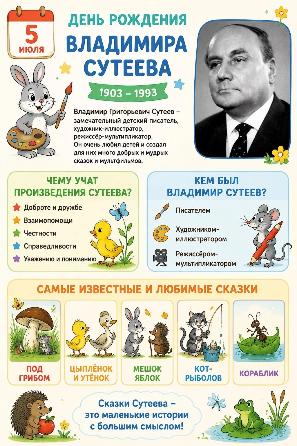 5 июля-день рождения Владимира Сутеева.
Любимого с детства автора сказок.