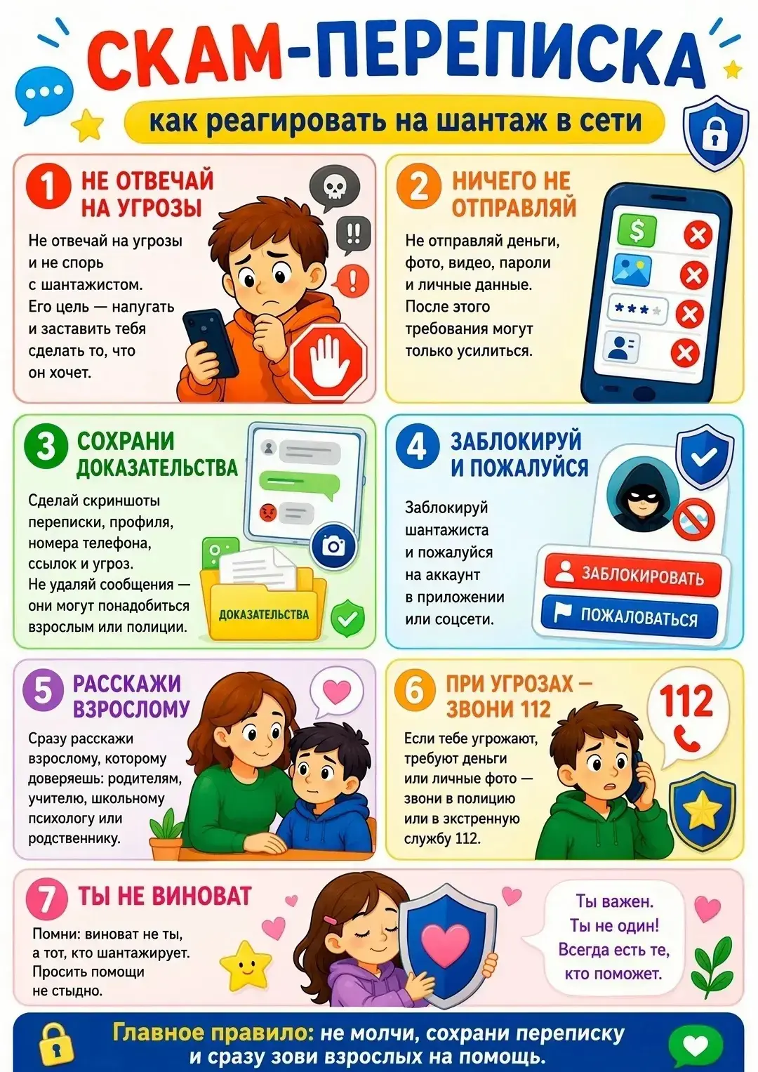 🌩Безопасность летом. Инфографика "Скам-переписка: как реагировать на шантаж в сети"