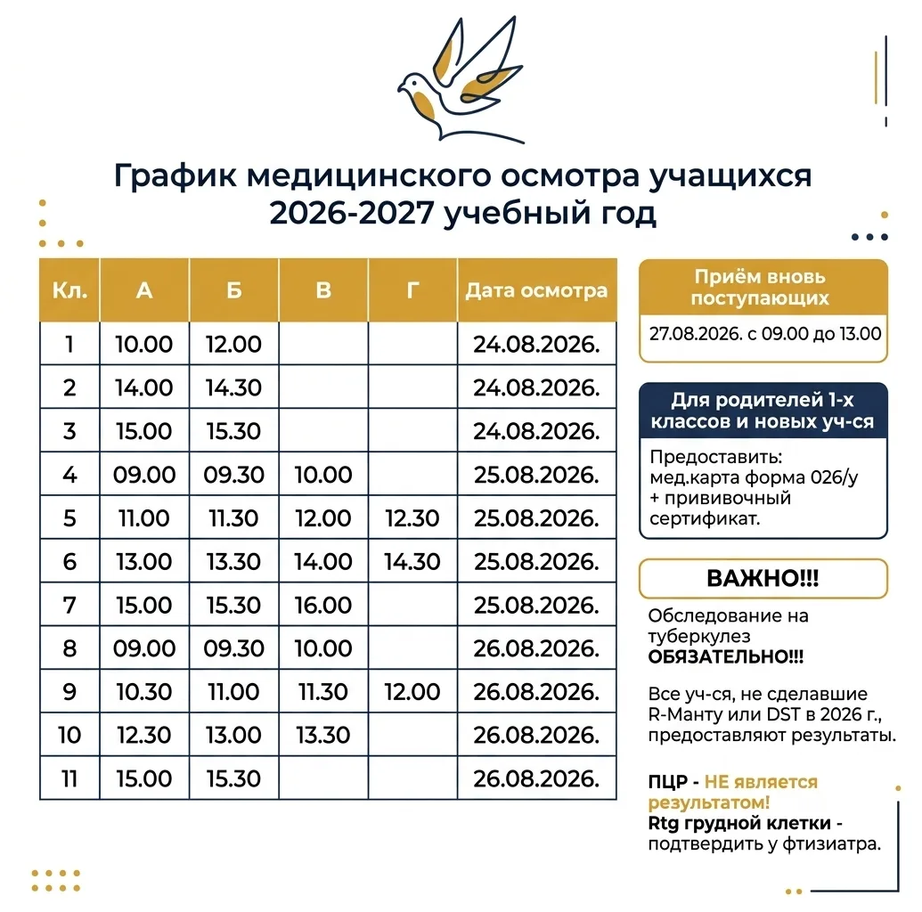 🏥 График медицинского осмотра учащихся на 2026-2027 учебный год

Уважаемые родители и учащиеся! Озн