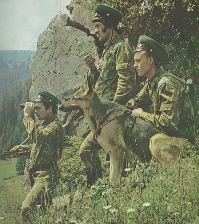 1970-е. Пограничный наряд на посту - бинокль, рация и верный служебный пес рядом. Споко...