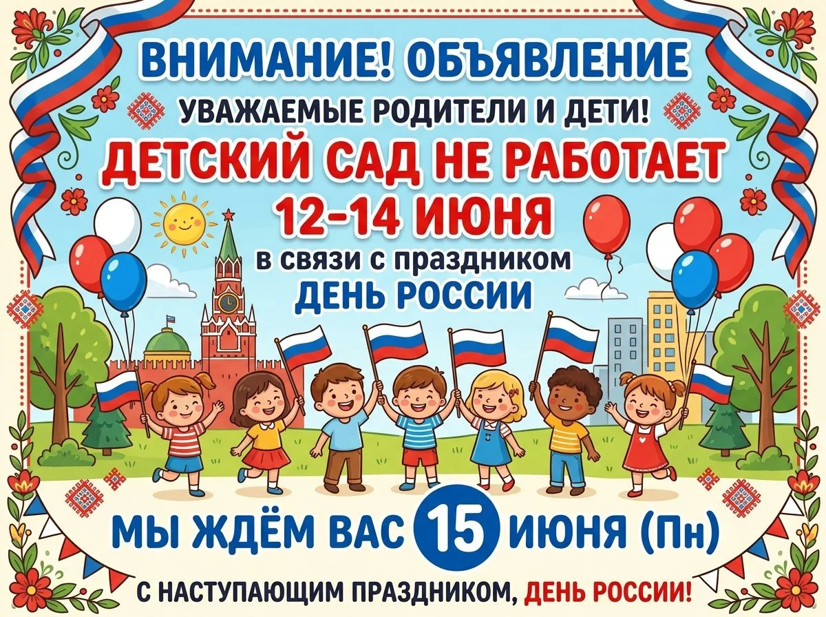 Уважаемые родители! 🇷🇺

Поздравляем вас с наступающим Днём России! В связи с празднованием государ