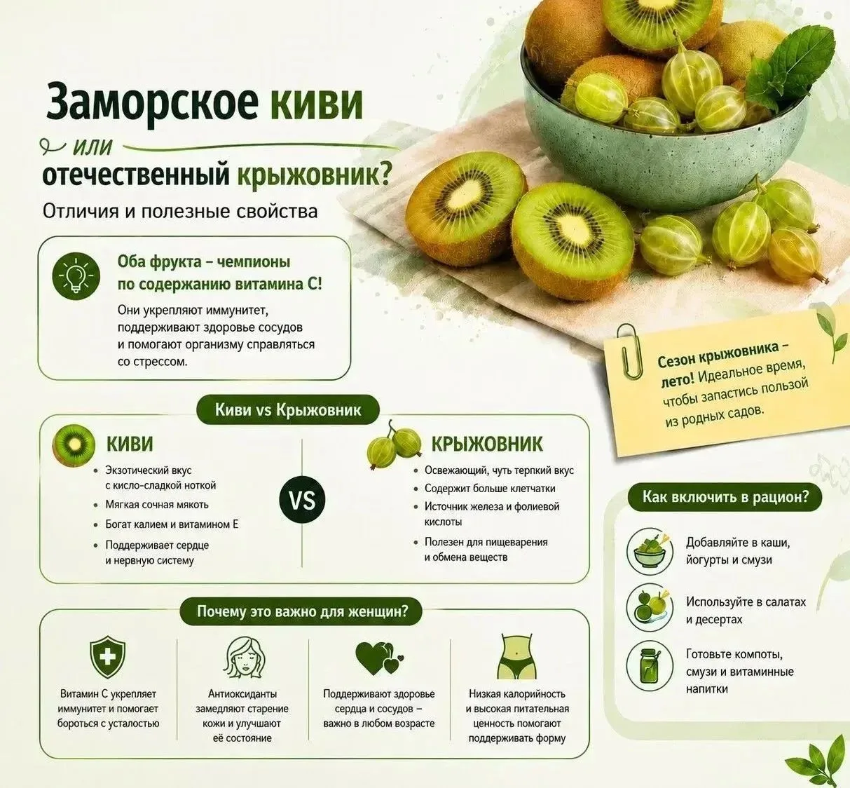 🥝 Лето — время ягодного изобилия! На прилавках и в садах появляются как привычный крыжовник, так и 