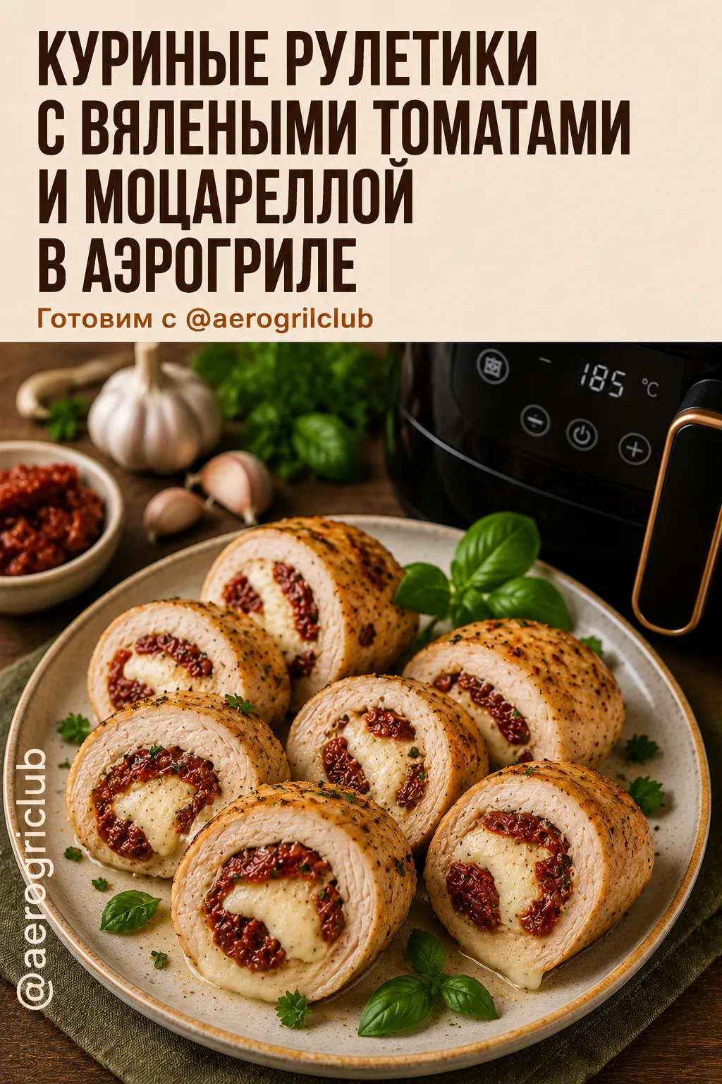 🥩 Куриные рулетики с вялеными томатами и моцареллой в аэрогриле

Сочные рулетики из куриного филе с