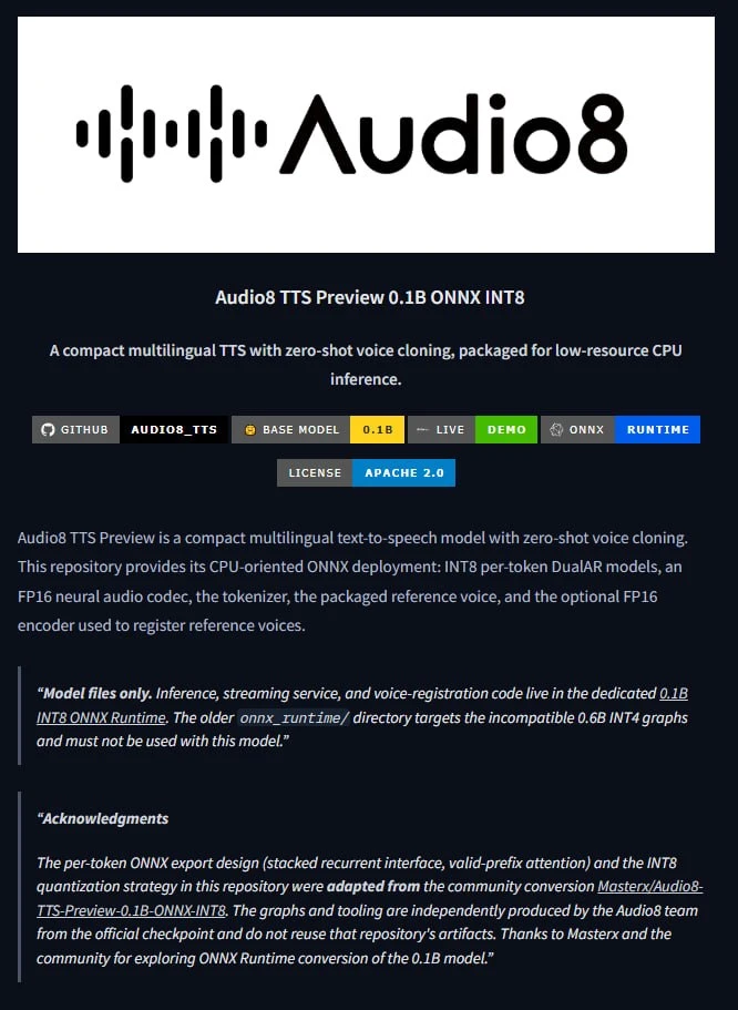 Audio8 TTS Preview 0.1B ONNX INT8