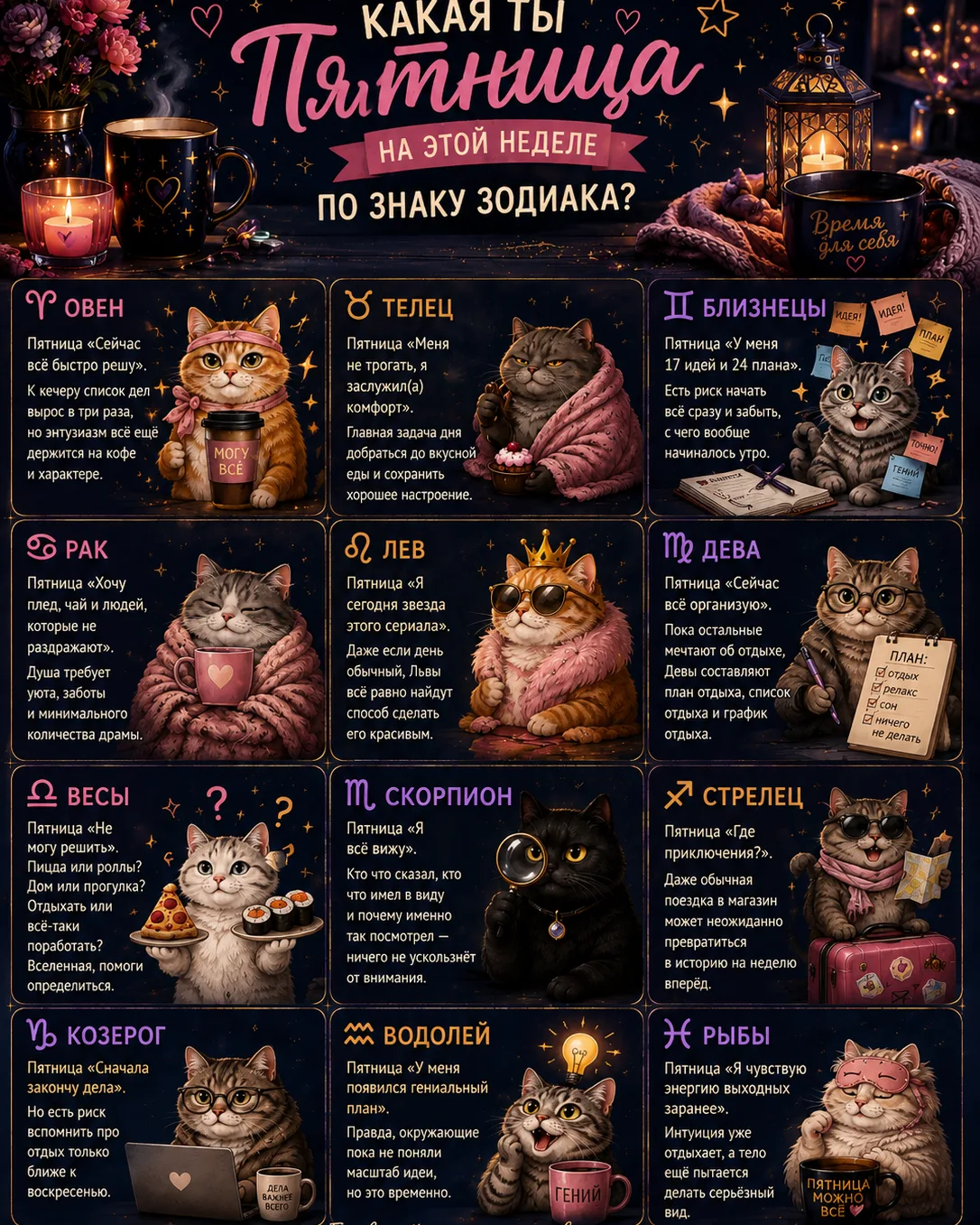 😄✨ КАКАЯ ТЫ ПЯТНИЦА НА ЭТОЙ НЕДЕЛЕ ПО ЗНАКУ ЗОДИАКА?
Пятница пришла. У кого-то энергия на подвиги, 