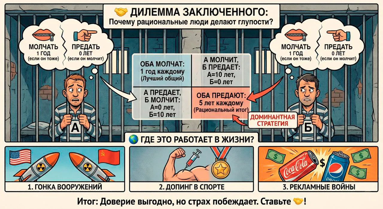 🤝 Дилемма заключенного: Почему рациональные люди делают глупости?  Представьте, что полиция поймала 