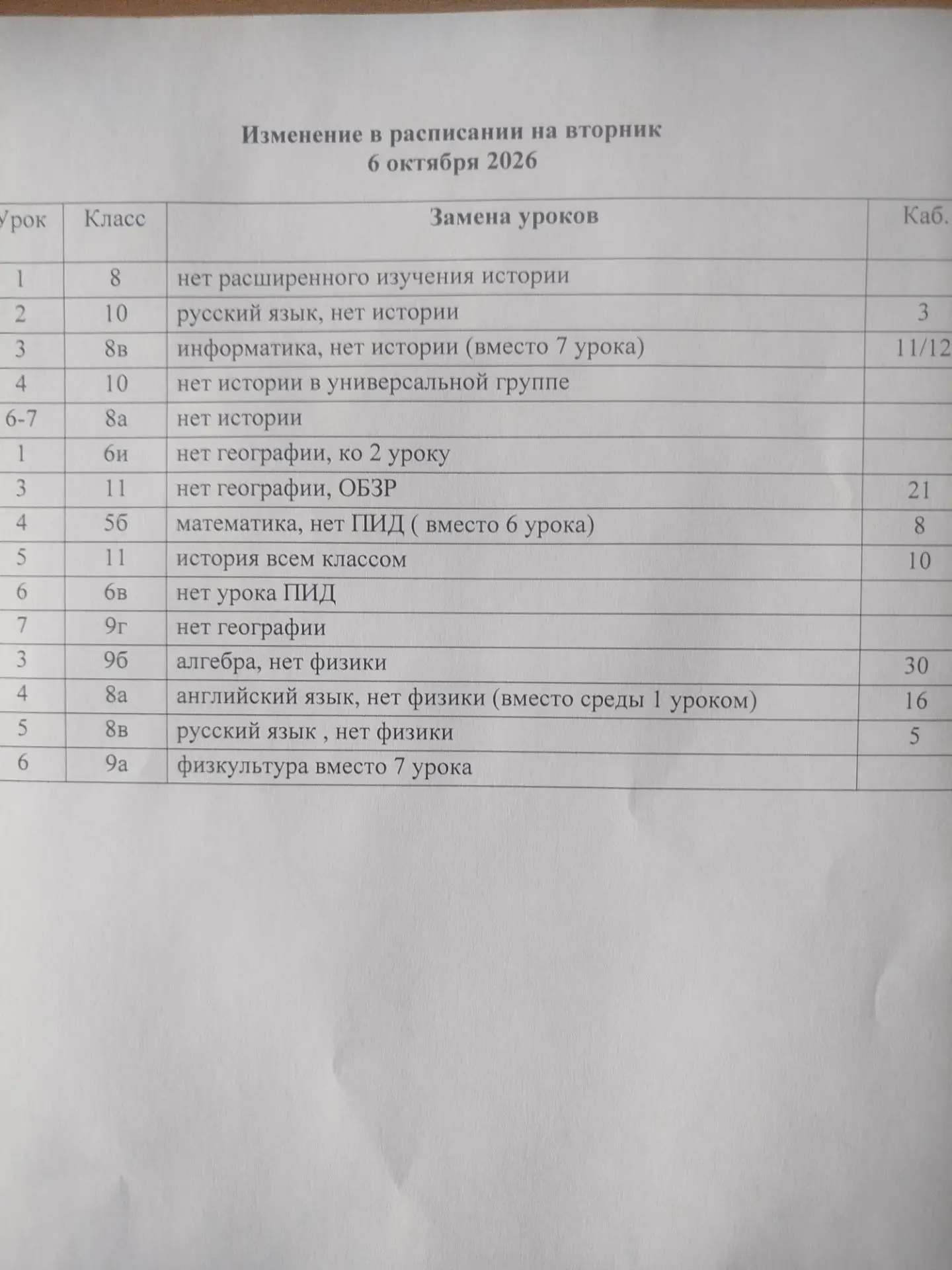 Изменения в расписании на вторник