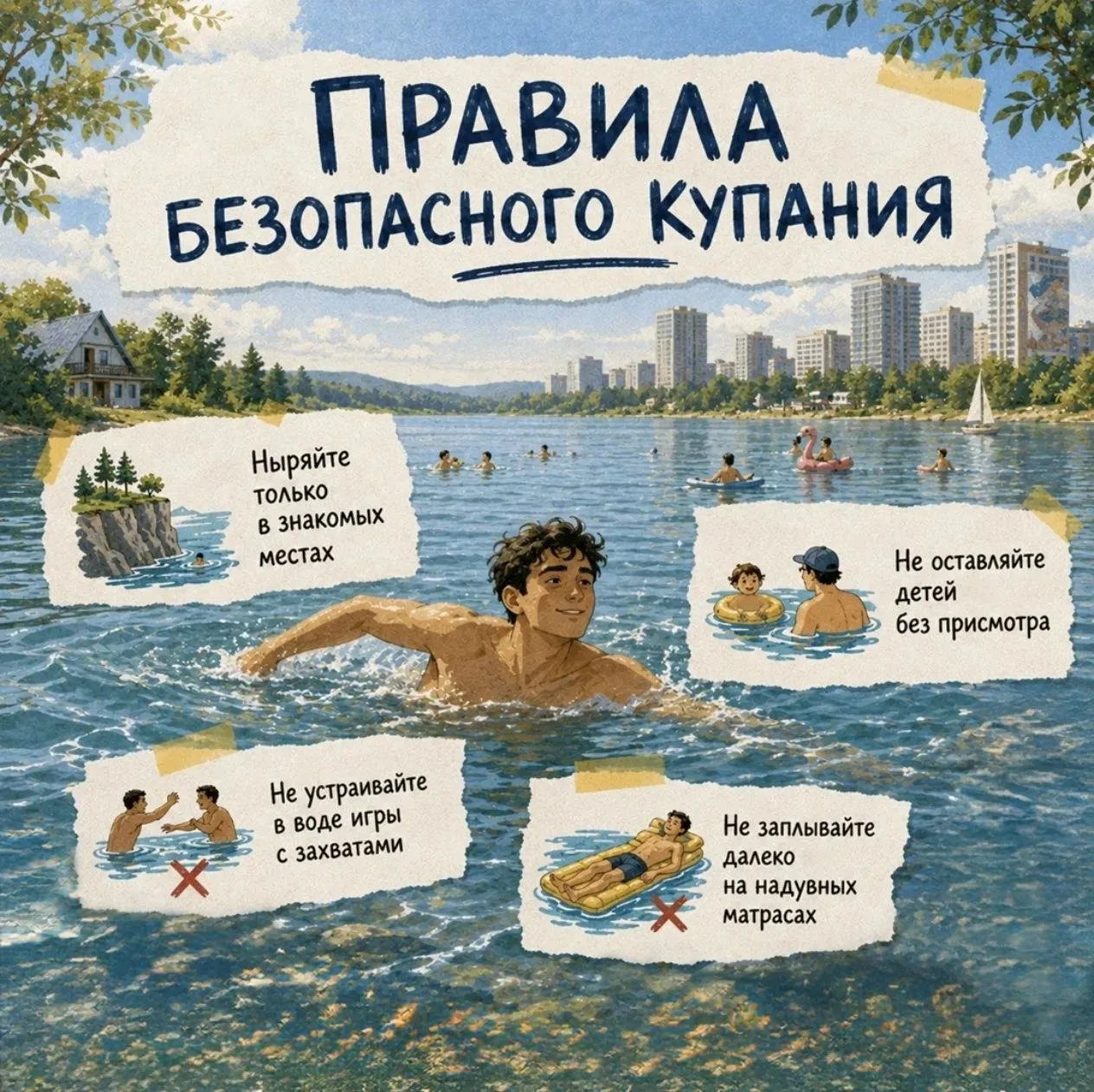 🏖️ Если купаться — то по правилам

Если вы планируете отдых у воды, обязательно соблюдайте меры без