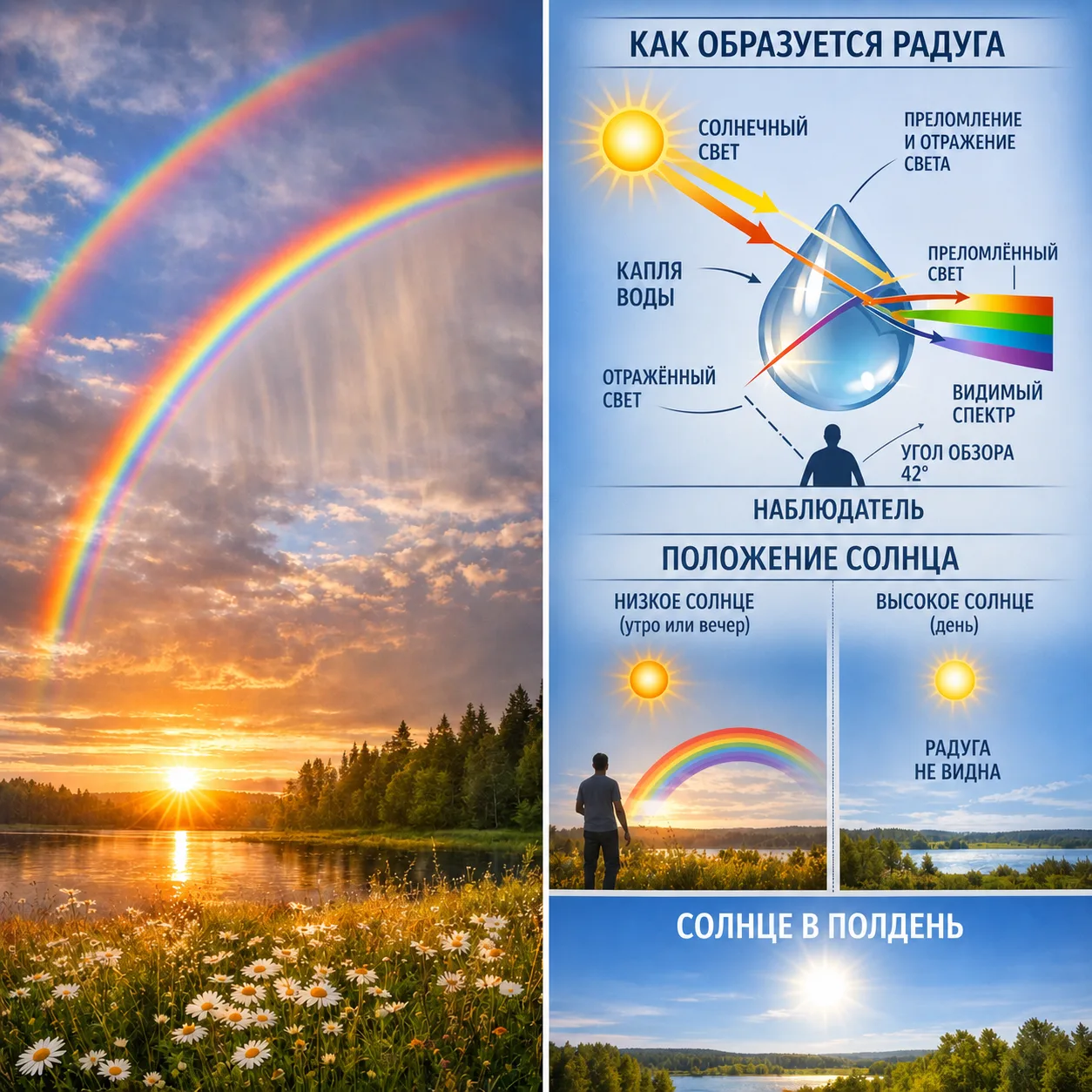🌈 Почему радугу почти никогда не увидеть в полдень, даже если дождь уже закончился?