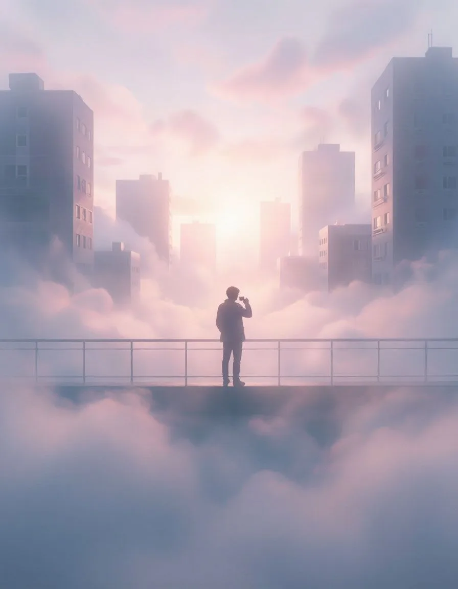 Digital painting, view from a high balcony, early morning, clouds rolling between apartment blocks, 