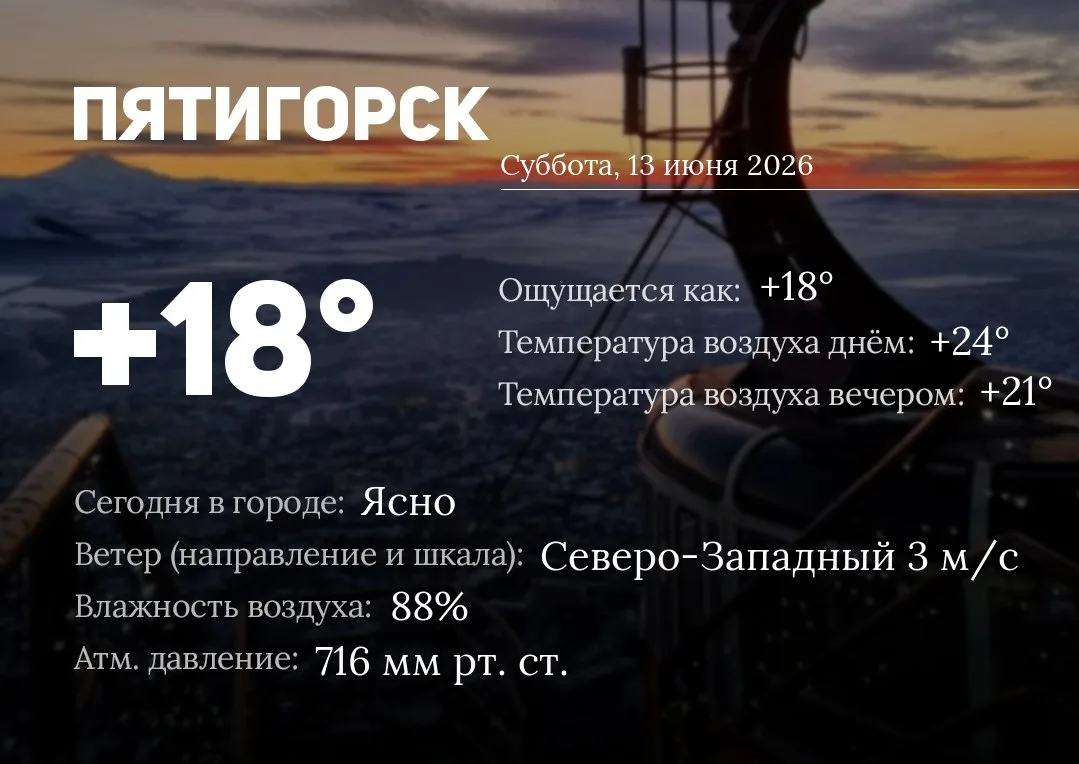 Доброе утро, Пятигорск! 
Сегодня в Пятигорске: ясно
Температура воздуха: 18℃ (ощущаемая 18℃)
Днём во