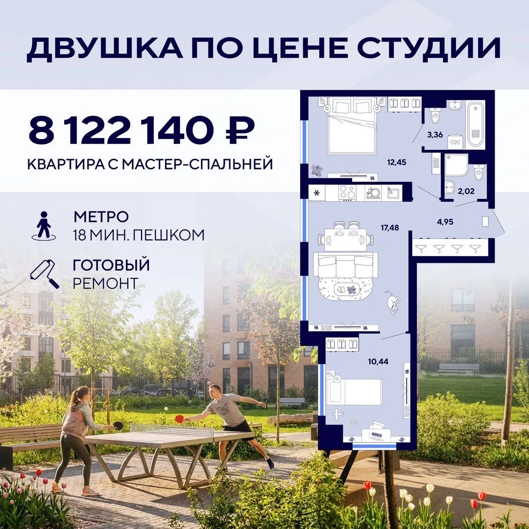 👆🏻 Нашли экстранизкую цену на двушку с ремонтом у метро. Ипотека 0,1% для всех или 5% для семей  Дву