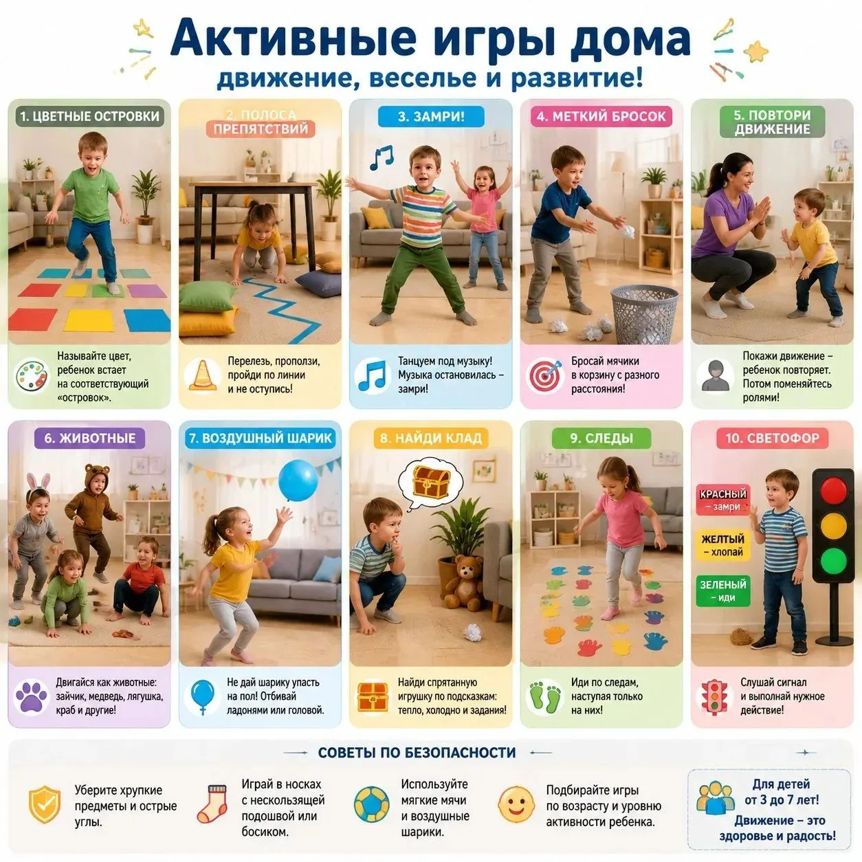 Подвижные игры 

✔️«Цветные островки»
Разложите на полу листы бумаги или подушки.
Называйте цвет, и 