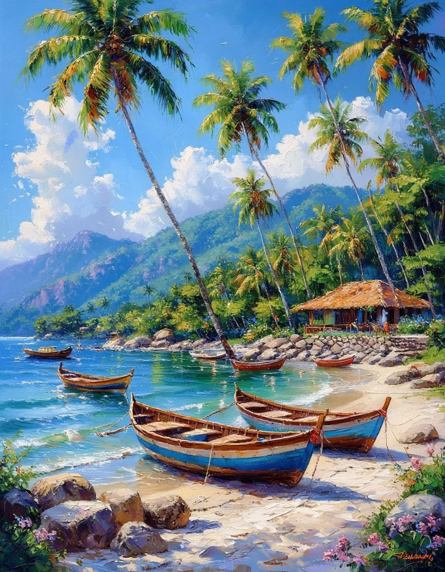knife textured oil painting by Thomas Kinkade with a scene in a sunny day in Paraty RJ , barcos anco