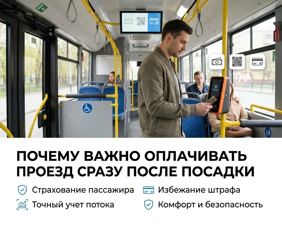 После посадки в автобус или трамвай важно своевременно оплатить проезд удобным способом...