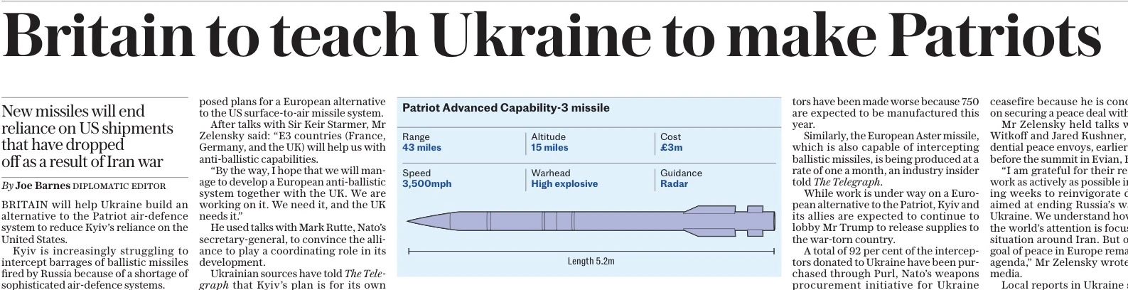 «Британия научит Украину делать Пэтриоты». Это пишет сегодня The Daily Telegraph.