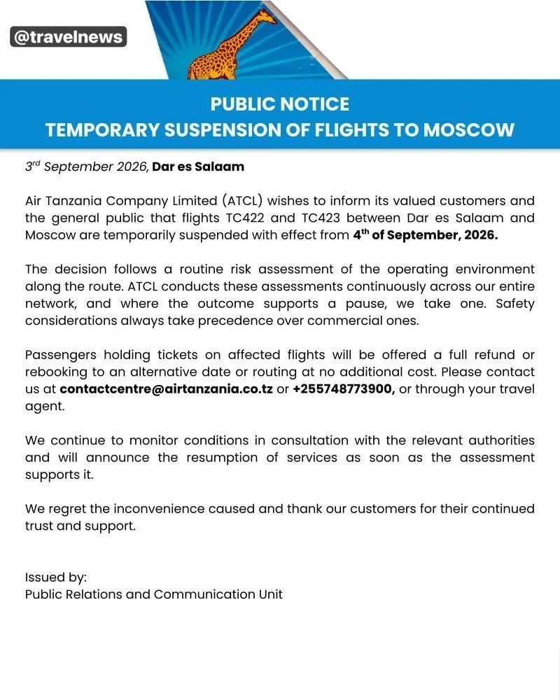 🇹🇿 Air Tanzania приостанавливает рейсы между Танзанией и Москвой с 4 сентября. Причин...