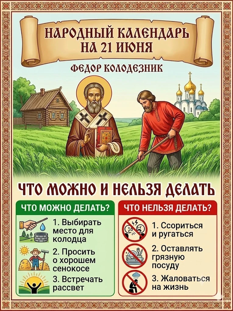 🌿☀️ Народный календарь на 21 июня: Федор Колодезник (День летнего солнцестояния) ☀️🌿

21 июня — не