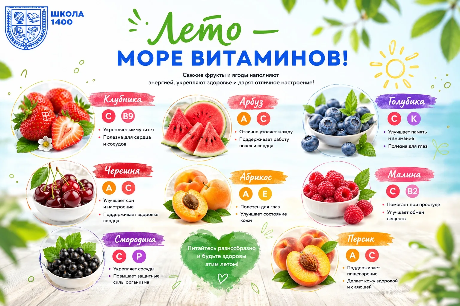 🍉 Лето — сезон витаминов!

Самые полезные продукты сейчас буквально растут на грядках и деревьях. С